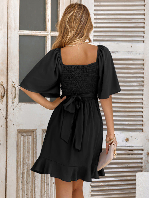 V-neck solid color waist ruffled dress women