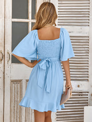 V-neck solid color waist ruffled dress women