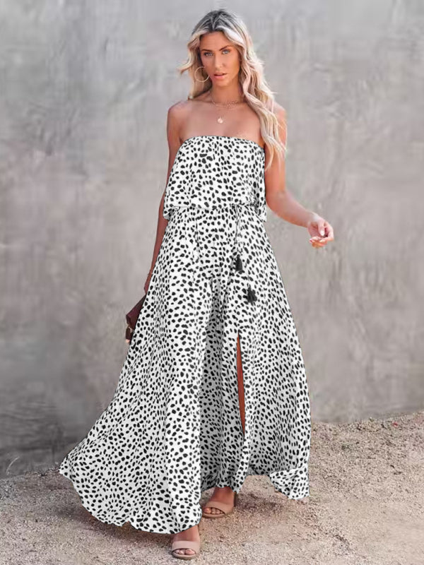style leopard print one-shoulder ruffle slit dress