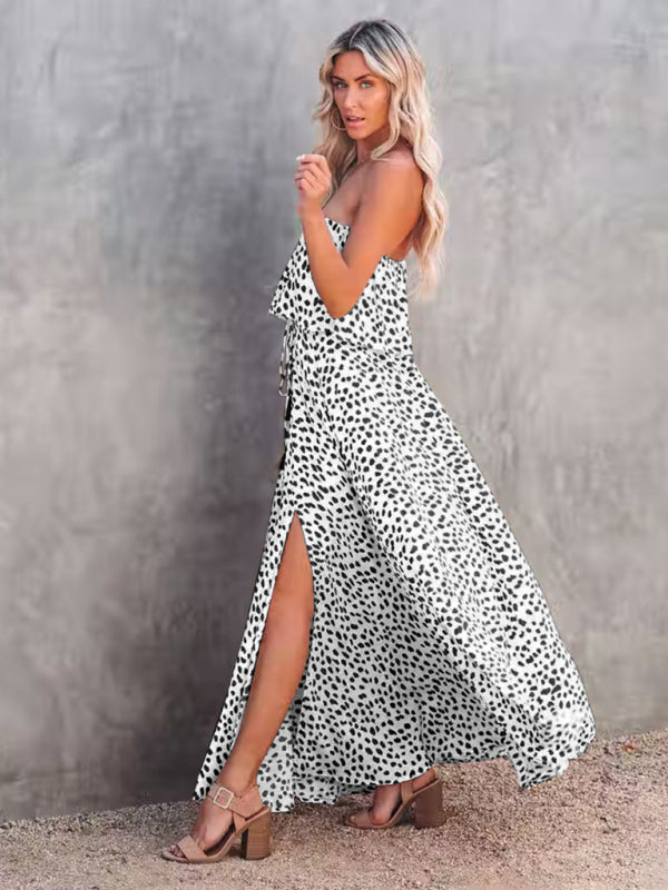 style leopard print one-shoulder ruffle slit dress