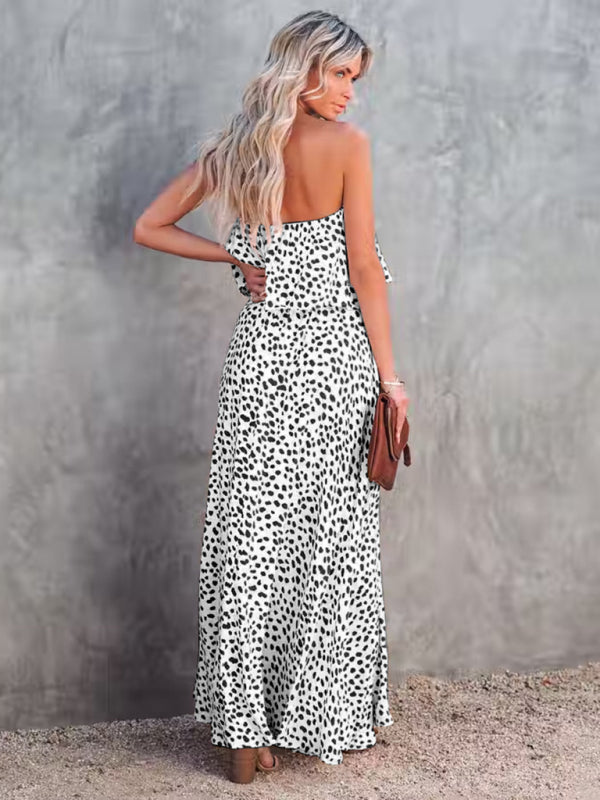 style leopard print one-shoulder ruffle slit dress