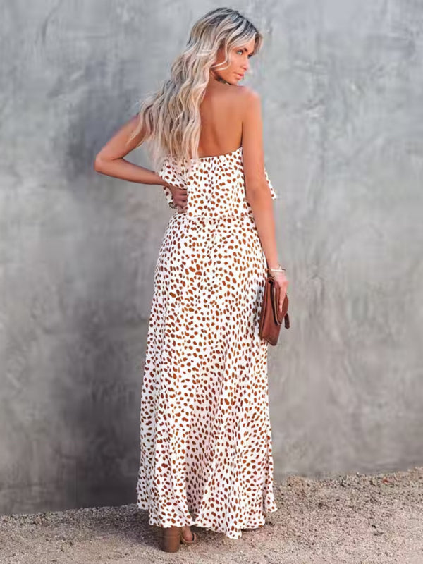 style leopard print one-shoulder ruffle slit dress
