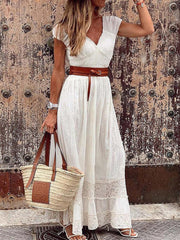 V-neck long lace stitching elegant dress dress