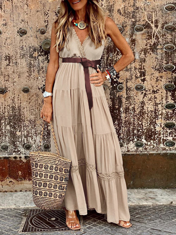 French style high waist V-neck stitching mid-length dress maxi dress