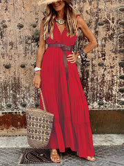 French style high waist V-neck stitching mid-length dress maxi dress