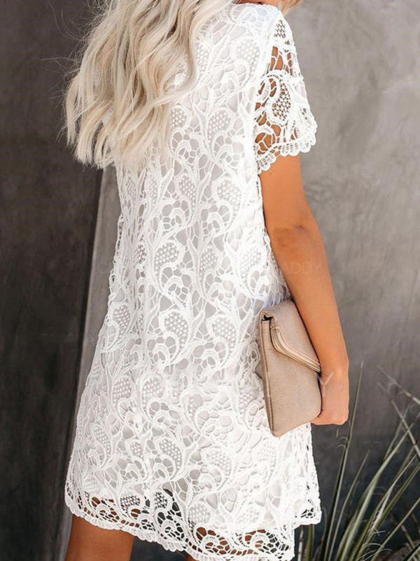 casual and elegant round neck hollow lace midi dress