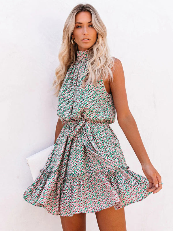 style small floral print halter neck wood ear dress