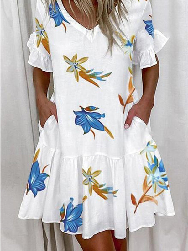 Loose V-neck Short Print Ruffle Pocket Dress