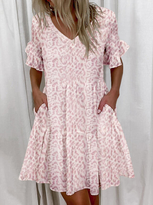 Loose V-neck Short Print Ruffle Pocket Dress