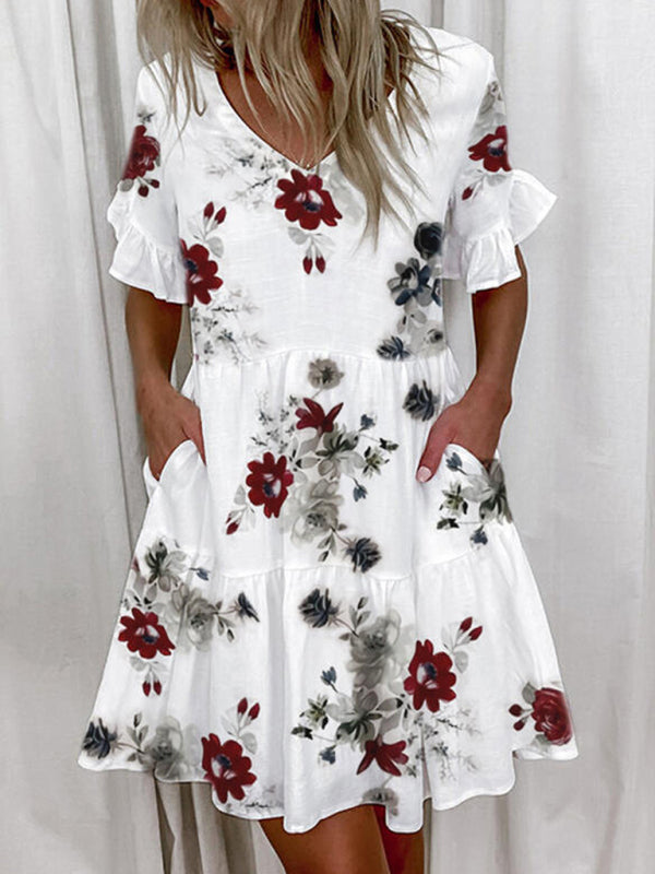 Loose V-neck Short Print Ruffle Pocket Dress