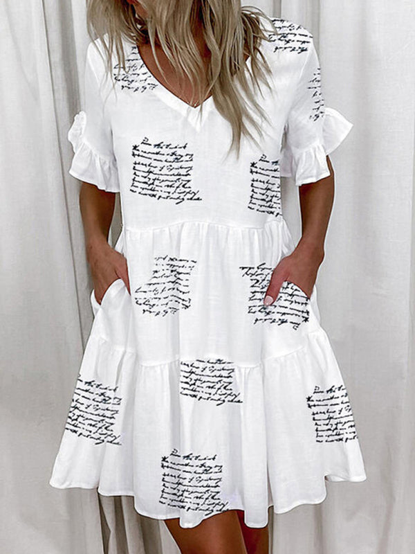 Loose V-neck Short Print Ruffle Pocket Dress