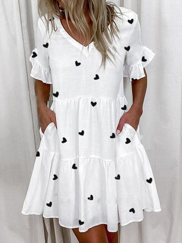 Loose V-neck Short Print Ruffle Pocket Dress