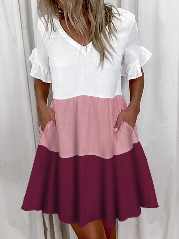 Loose V-neck Short Print Ruffle Pocket Dress
