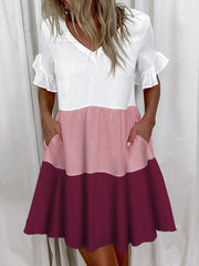 Loose V-neck Short Print Ruffle Pocket Dress