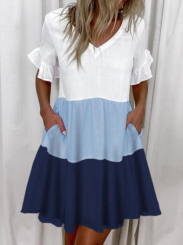 Loose V-neck Short Print Ruffle Pocket Dress