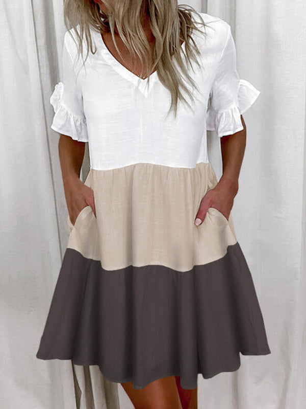 Loose V-neck Short Print Ruffle Pocket Dress