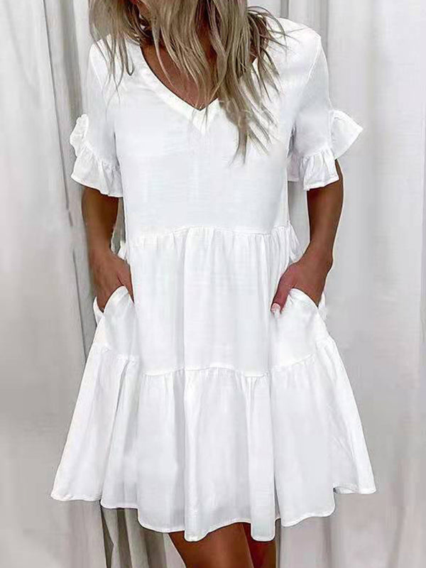 Loose V-neck Short Print Ruffle Pocket Dress
