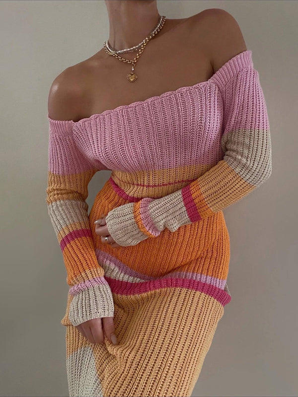 One-neck off-the-shoulder hollow beach long-sleeved knitted striped dress