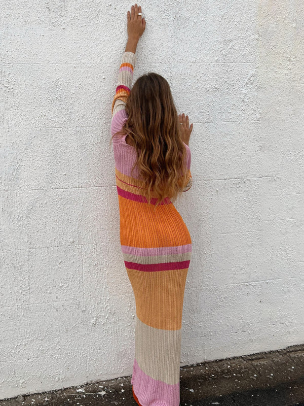 One-neck off-the-shoulder hollow beach long-sleeved knitted striped dress