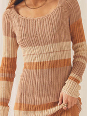 One-neck off-the-shoulder hollow beach long-sleeved knitted striped dress