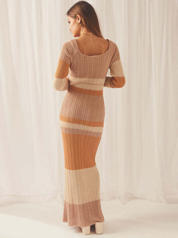 One-neck off-the-shoulder hollow beach long-sleeved knitted striped dress