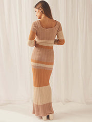 One-neck off-the-shoulder hollow beach long-sleeved knitted striped dress
