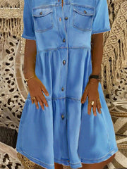Ladies Lapel Short Sleeve Button Mid Length Dress