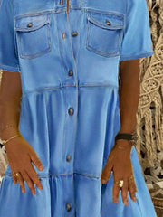 Ladies Lapel Short Sleeve Button Mid Length Dress