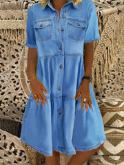 Ladies Lapel Short Sleeve Button Mid Length Dress