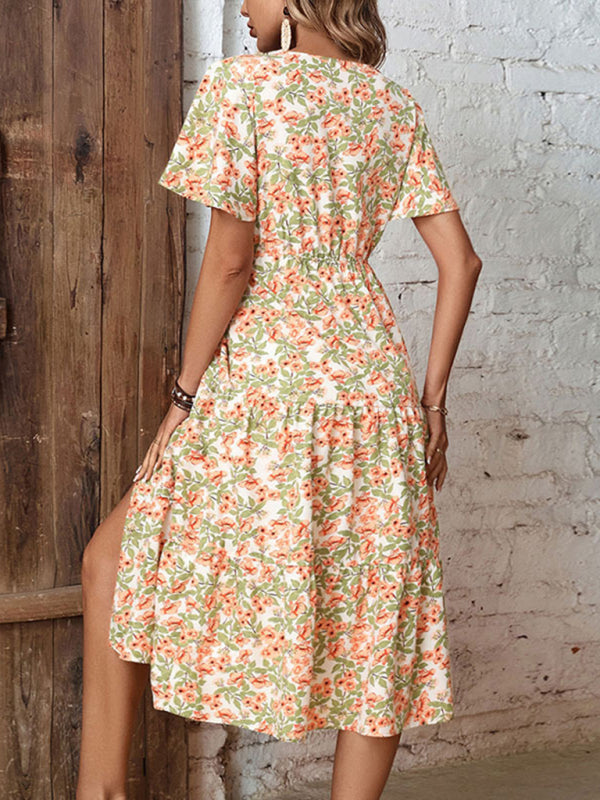 Casual Ladies Button Slit Floral Print Dress