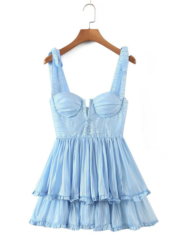 three-color three-layer colorful silk chiffon pleated dress with tie