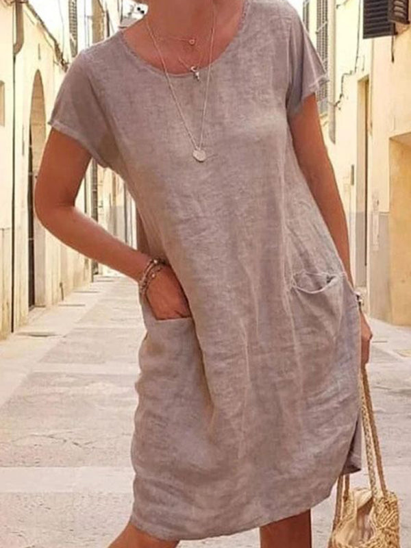 Loose Solid Color Pocket Short Sleeve Round Neck Cotton Linen Dress