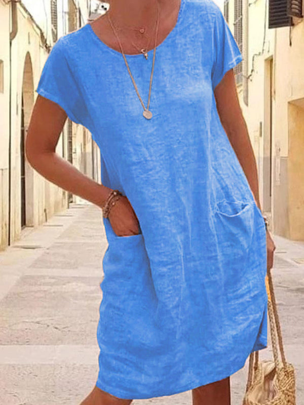 Loose Solid Color Pocket Short Sleeve Round Neck Cotton Linen Dress