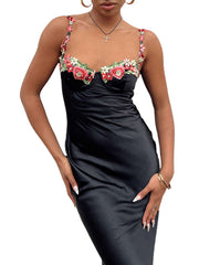Sexy Embroidered Lace Camisole Solid Color Long Dress