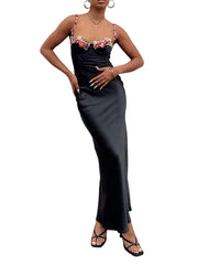 Sexy Embroidered Lace Camisole Solid Color Long Dress