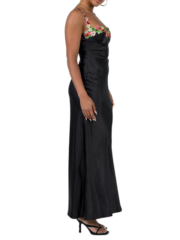 Sexy Embroidered Lace Camisole Solid Color Long Dress