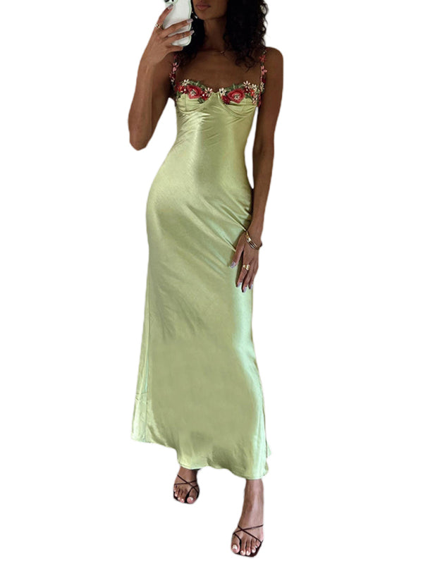 Sexy Embroidered Lace Camisole Solid Color Long Dress