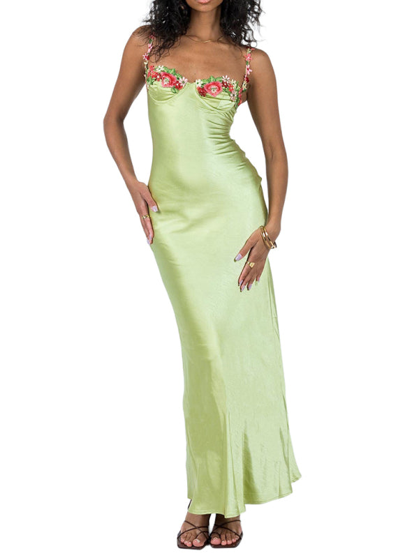 Sexy Embroidered Lace Camisole Solid Color Long Dress