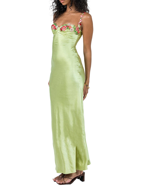 Sexy Embroidered Lace Camisole Solid Color Long Dress
