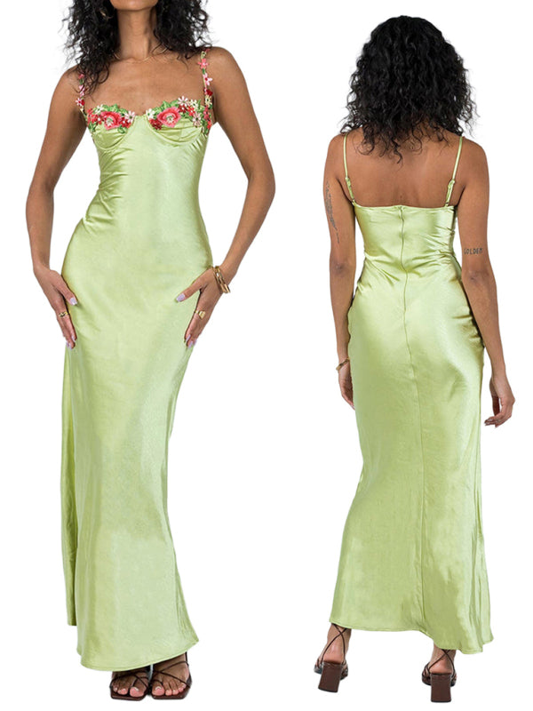 Sexy Embroidered Lace Camisole Solid Color Long Dress