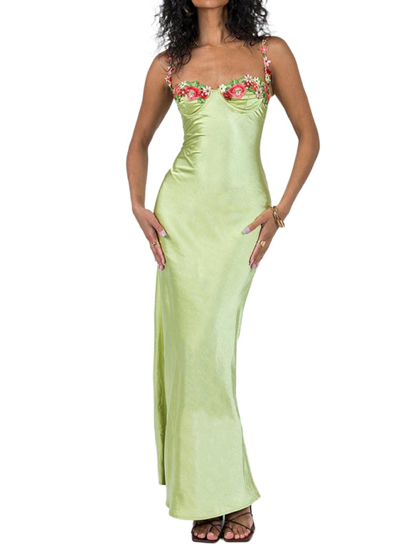 Sexy Embroidered Lace Camisole Solid Color Long Dress