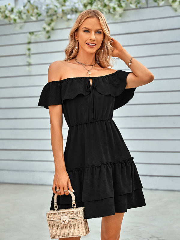 casual strapless ruffled solid color dress