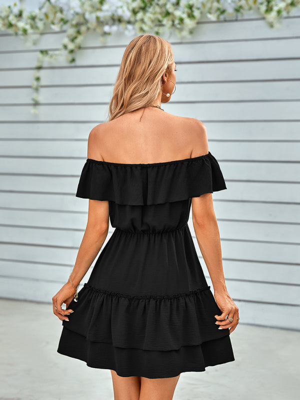 casual strapless ruffled solid color dress
