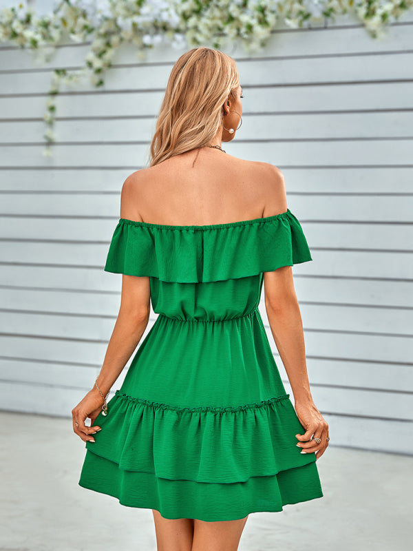 casual strapless ruffled solid color dress