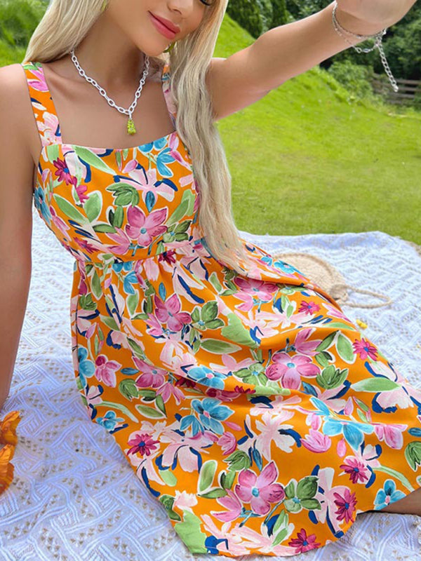 printed French style suspender skirt design sense floral dress