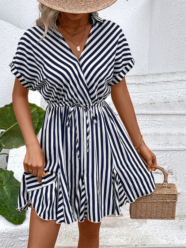 Ladies Casual Lapel Striped Shirt Dress