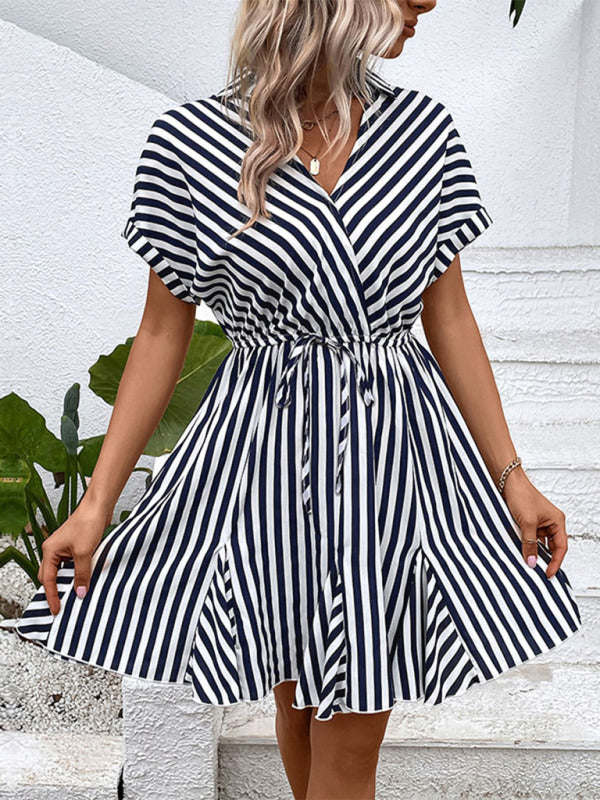 Ladies Casual Lapel Striped Shirt Dress