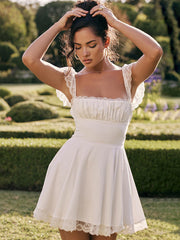 Lace Square Neck Slip Dress Slim Backless White French Dress