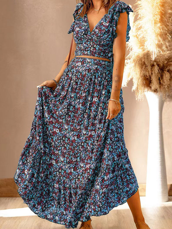 V-neck short-sleeved pullover floral waist slimming irregular dress