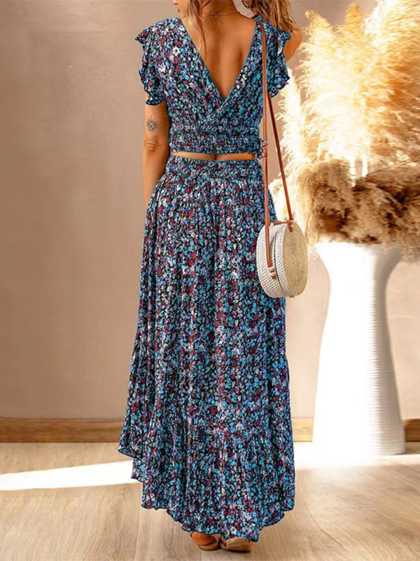 V-neck short-sleeved pullover floral waist slimming irregular dress
